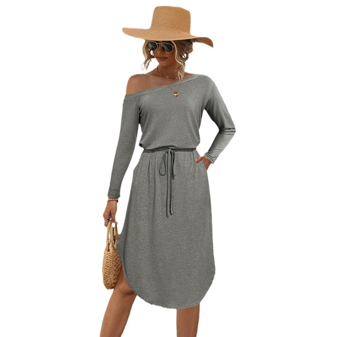 Damen lässiges Off-Shoulder Kleid mit elastischem Bund und langen Ärmeln EB