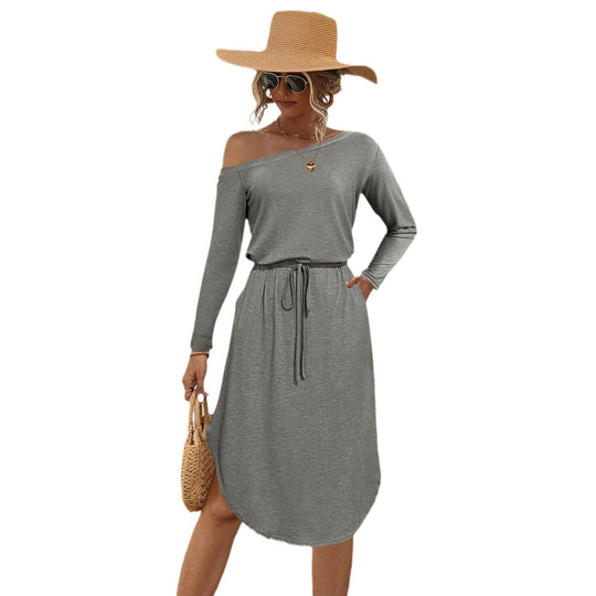 Damen lässiges Off-Shoulder Kleid mit elastischem Bund und langen Ärmeln EB