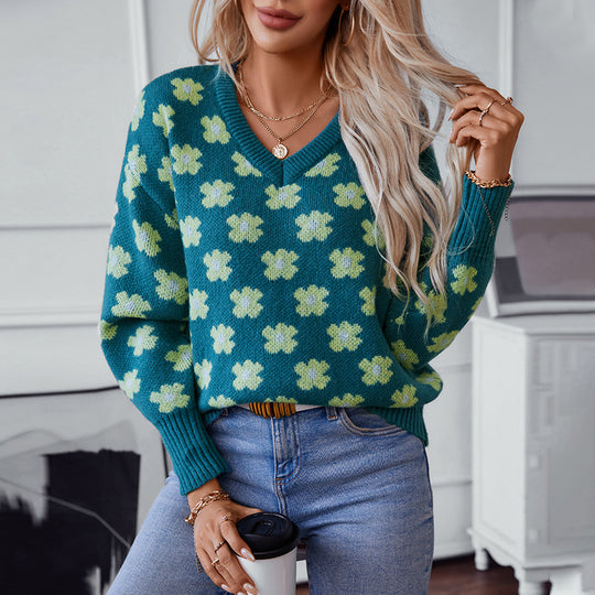 Damen Strickpullover mit floralem Muster und V-Ausschnitt EB
