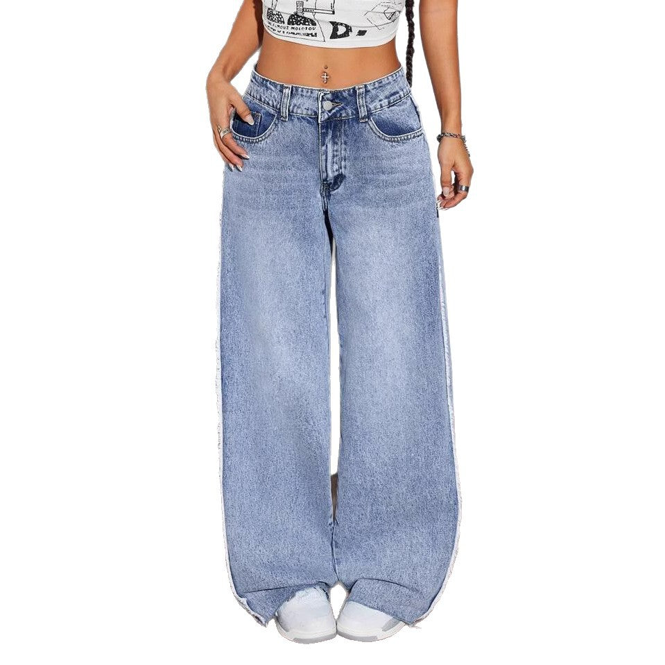 Damen Weite Denim-Jeans mit auffälligem fransigem Saum und hoher Taille EB