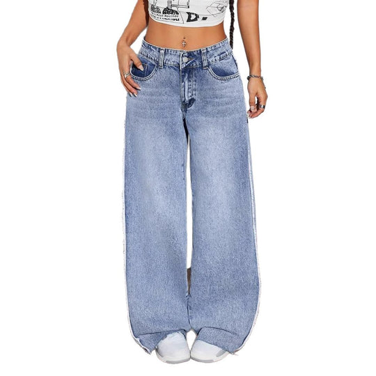 Damen Weite Denim-Jeans mit auffälligem fransigem Saum und hoher Taille EB
