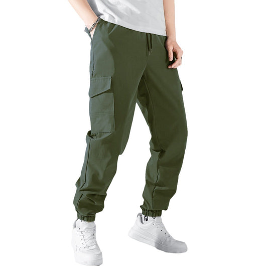 Damen nan lässige Cargo-Hose mit elastischem Kordelzugbund, Klappentaschen und verstellbaren Knöchelschnüren EB