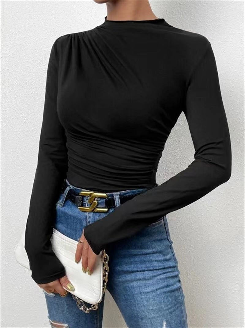 Damen nan gerafftes Langarmshirt mit asymmetrischem U-Boot-Ausschnitt und figurbetonter Silhouette EB