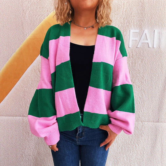 Damen lässige Strickjacke mit breitem Streifenmuster und extra weitem Schnitt EB