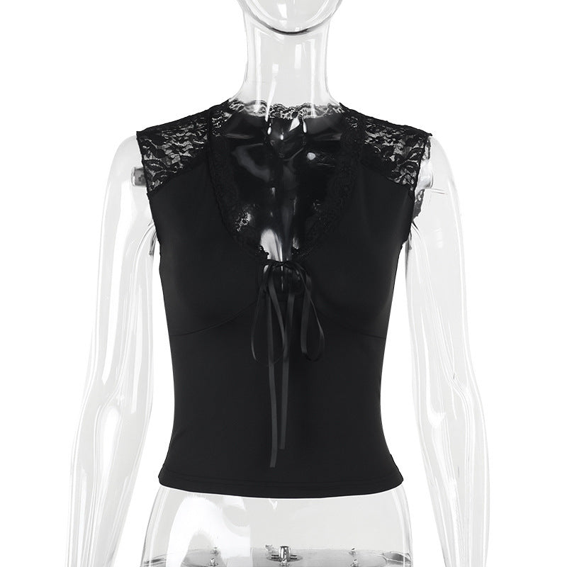 Damen Top mit Spitzenbesatz und raffiniertem Bindedetail EB