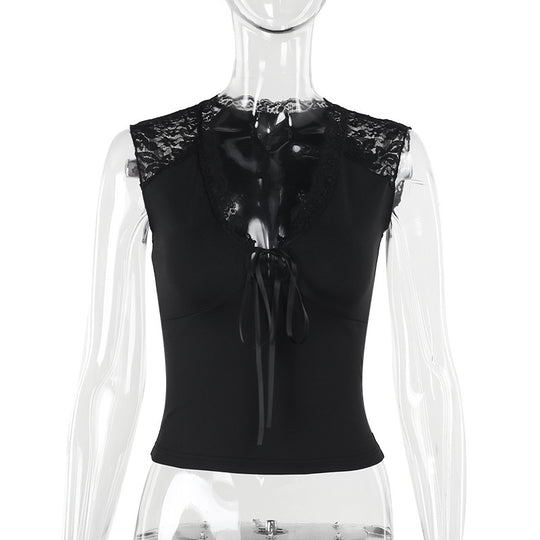 Damen Top mit Spitzenbesatz und raffiniertem Bindedetail EB