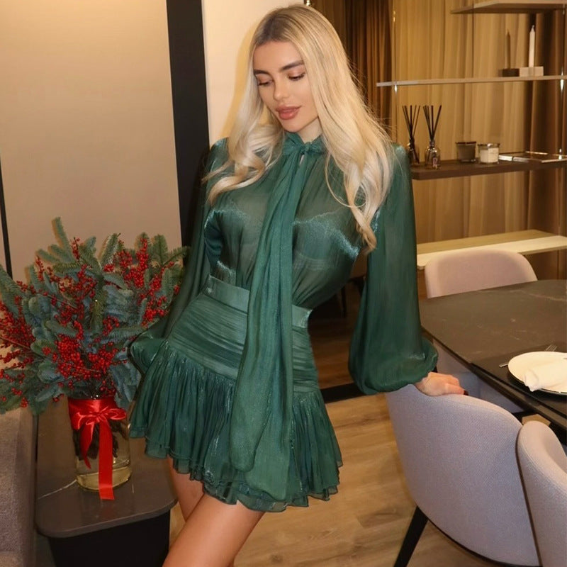 Damen luftiges Chiffon Kleid mit fließenden Ärmeln EB