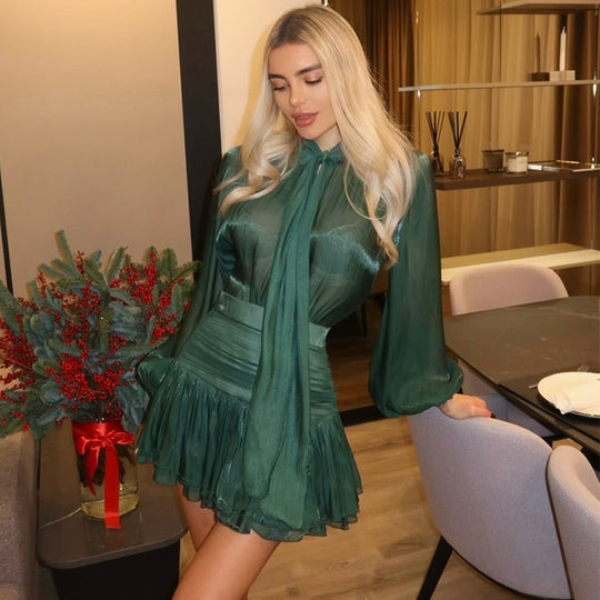 Damen luftiges Chiffon Kleid mit fließenden Ärmeln EB