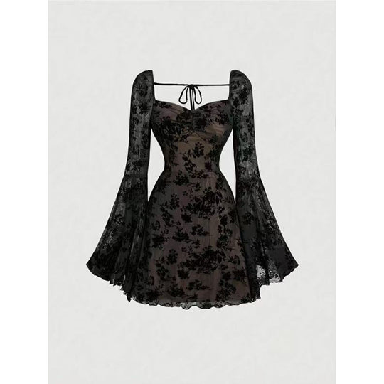 Damen Mini-Kleid mit floralen Spitzenärmeln und verführerischem Ausschnitt EB