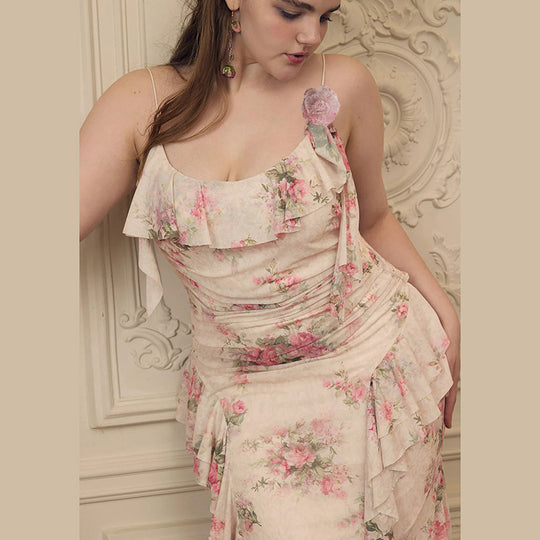 Damen Maxikleid mit floralem Rüschendesign und einem einseitigen Träger EB