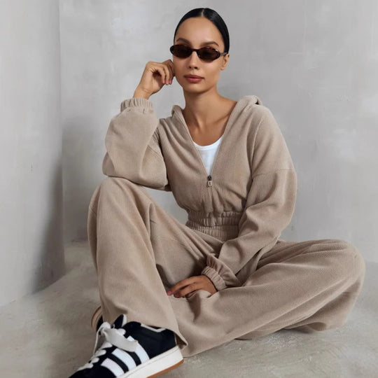 Damen Cropped Kapuzen-Set aus Ripp-Cord mit Gummizugbund und Relax-Jogginghose EB