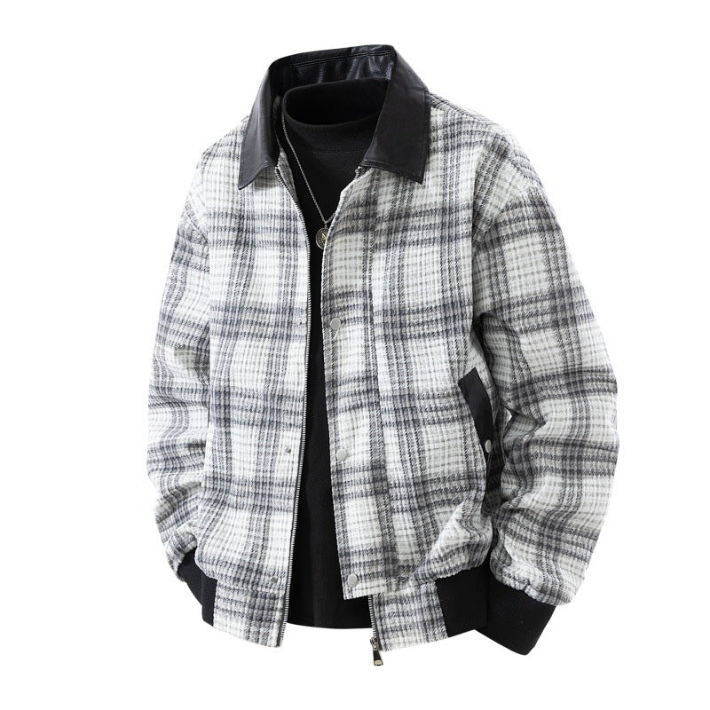 Herren karierte Overshirt-Jacke mit Kunstlederkragen, gefüttertem Innenfutter und elastischen Bündchen EB