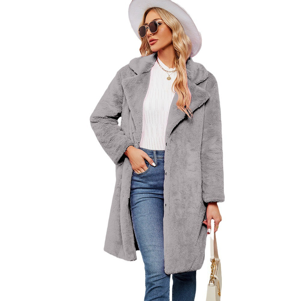Damen Flauschiger Langmantel mit elegantem Revers EB