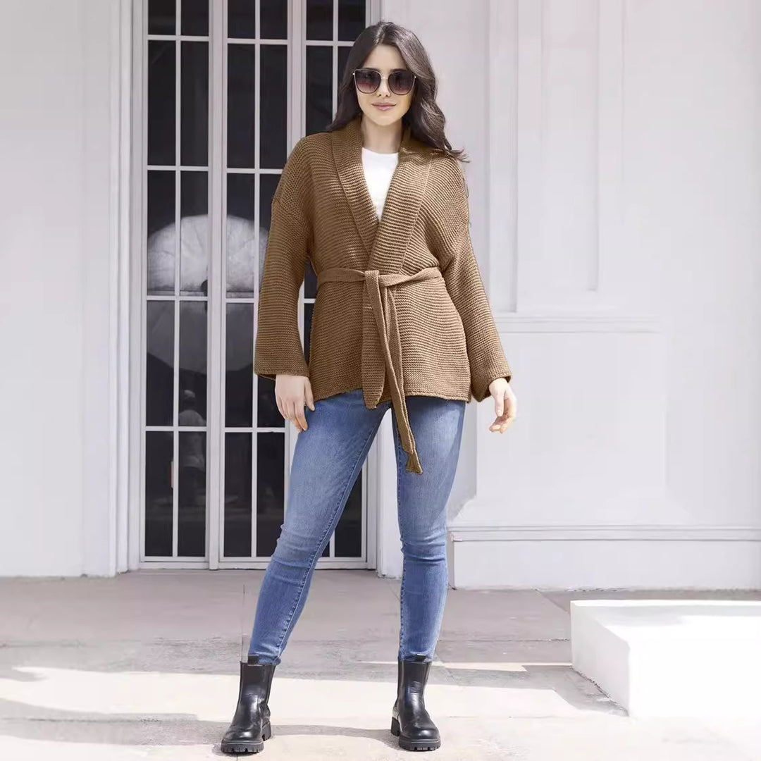 Damen Grobstrick-Cardigan mit Gürtel und weitem Schnitt EB