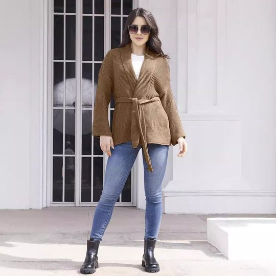 Damen Grobstrick-Cardigan mit Gürtel und weitem Schnitt EB