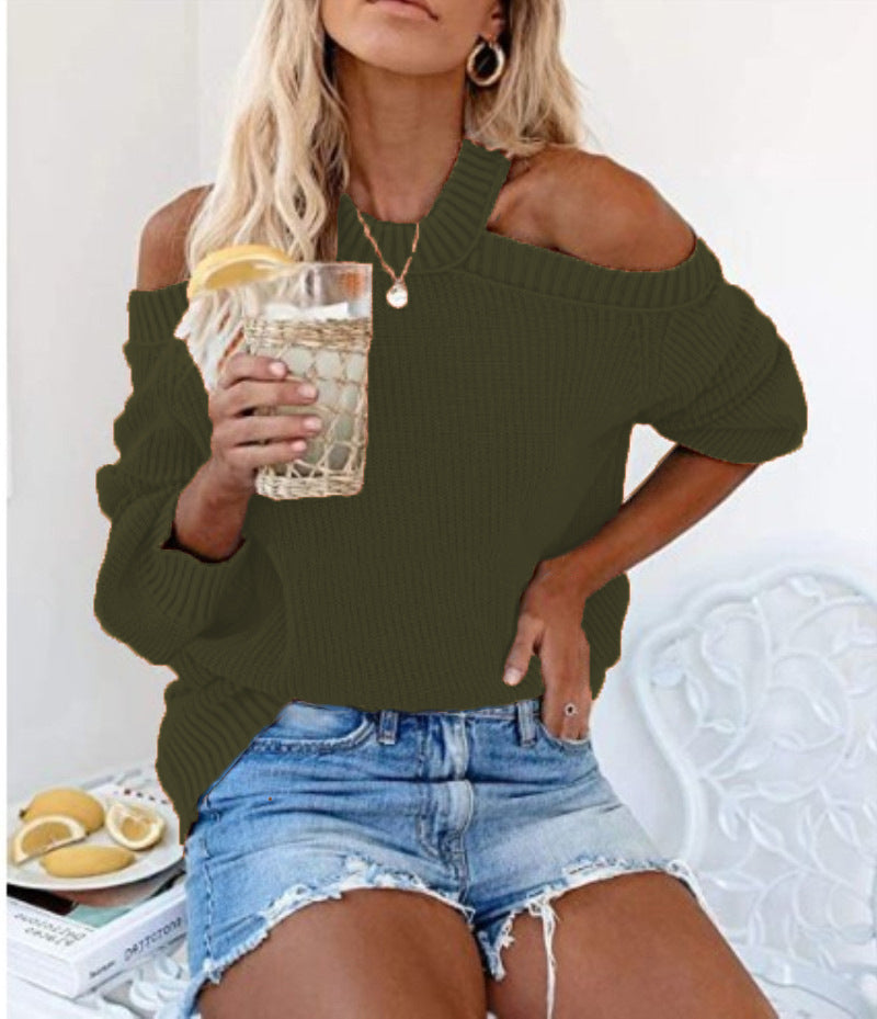 Damen Cooles Off-Shoulder Strickpullover mit weit geschnittenen Ärmeln EB