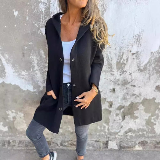Damen nan Kapuzenmantel mittellanger Baumwollmix mit Druckknopfleiste und Eingrifftaschen EB