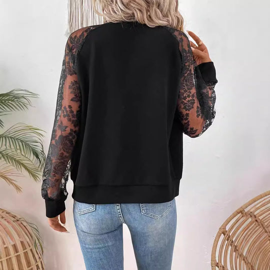Damen nan leichte Bomberjacke mit floralen Spitzenärmeln und Reißverschluss EB