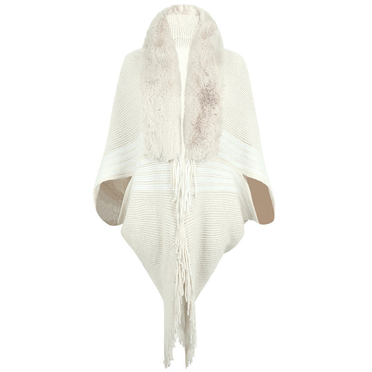 Damen eleganter Strickponcho mit kunstfellbesetztem Kragen und Fransen EB