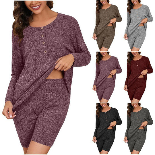 Damen entspannendes Schlafanzug Set mit Knopfdetail EB