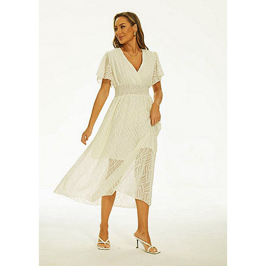 Damen Maxi-Kleid mit elegantem V-Ausschnitt und feinen Rüschendetails EB