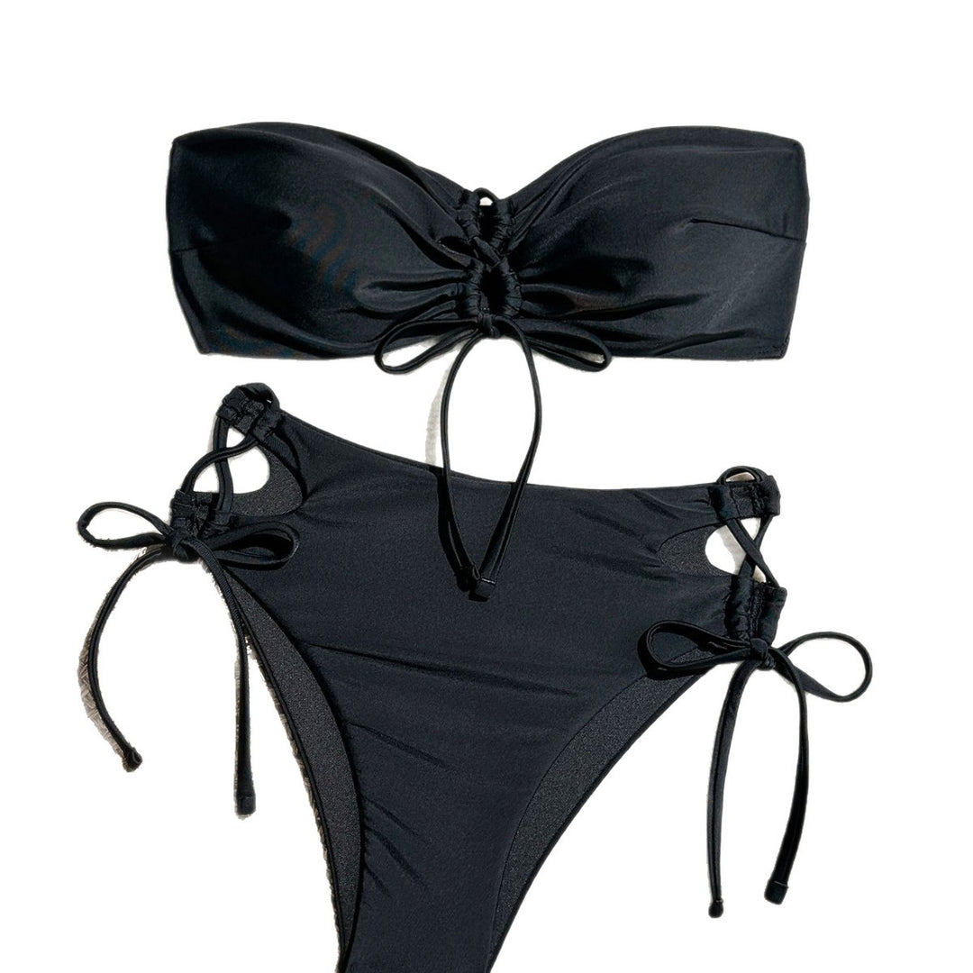 Damen hochgeschnittener Bandeau-Bikini mit eleganten Raffungselementen EB