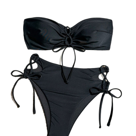 Damen hochgeschnittener Bandeau-Bikini mit eleganten Raffungselementen EB