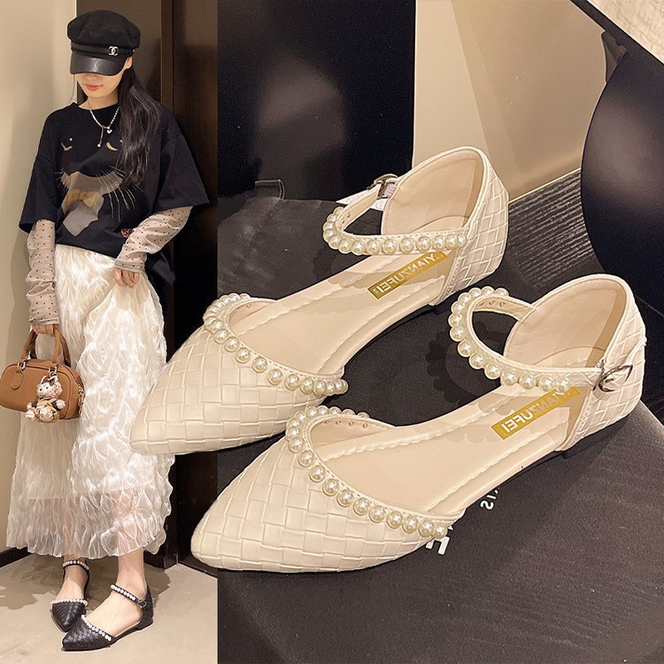 Damen elegante Ballerinas mit perlverziertem Riemen EB