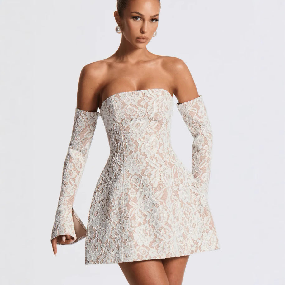 Damen Elegantes Spitzenkleid mit schulterfreiem Design und langen Ärmel-Details EB