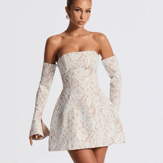 Damen Elegantes Spitzenkleid mit schulterfreiem Design und langen Ärmel-Details EB