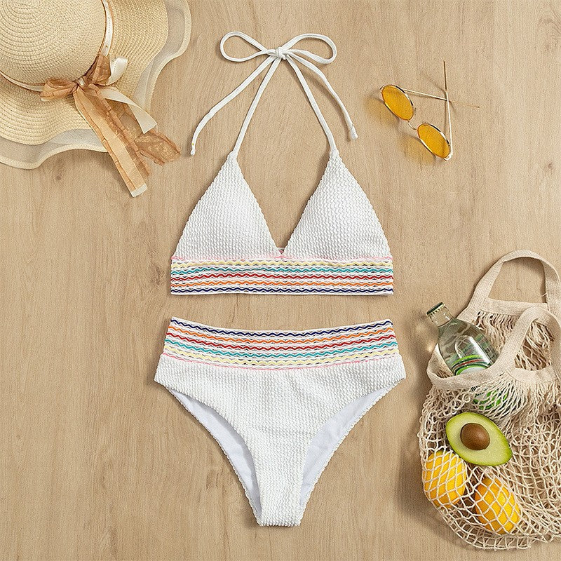 Damen Triangel-Bikini mit hoch geschnittenem Unterteil und buntem Wickelband EB