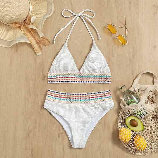Damen Triangel-Bikini mit hoch geschnittenem Unterteil und buntem Wickelband EB