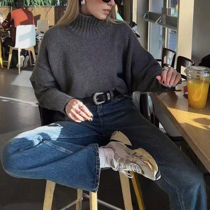 Damen Boxy-Rollkragenpullover aus feinem Wollmix mit Ballonärmeln und überschnittener Schulter EB