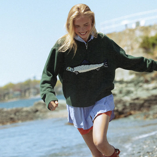 Damen Oversize Strickpullover mit Fisch-Jacquard, Halbkragen und Rippenbündchen EB