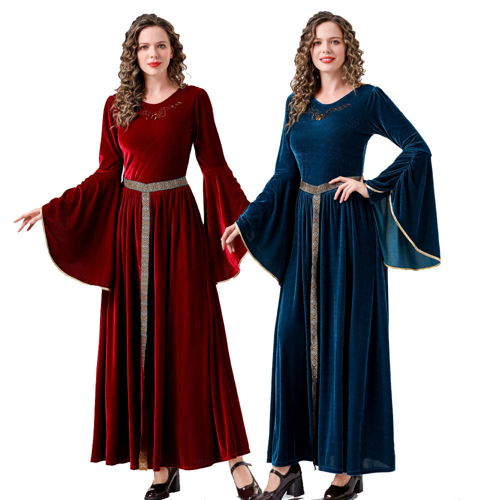 Damen elegantes Samtkleid mit Weitem Ärmel und Ziergürtel EB