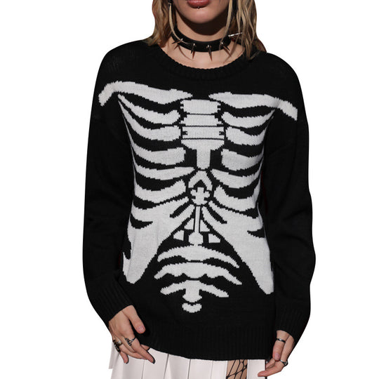Damen Pullover mit auffälligem Skelettmotiv und lässigem Schnitt Heidi-Mode