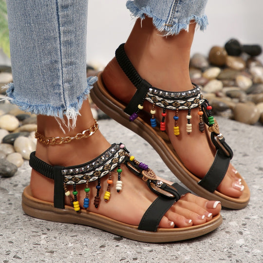 Damen Riemensandalen mit bunten Perlen und komfortablem Fußbett EB