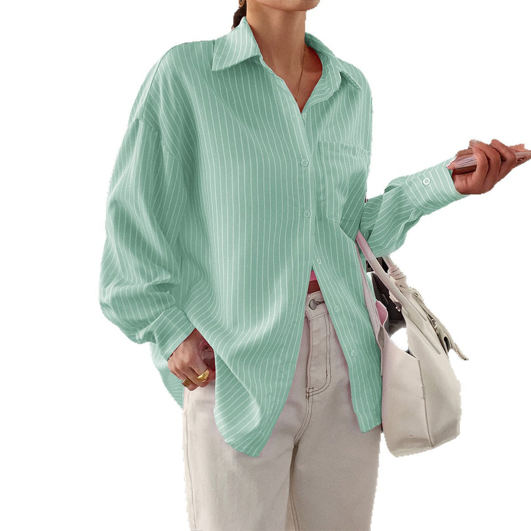 Damen nan locker geschnittene Longbluse mit Kentkragen, Brusttasche und feinem Nadelstreifen EB