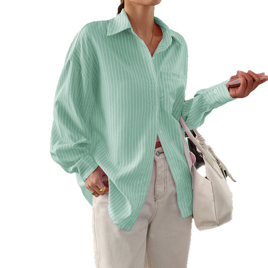 Damen nan locker geschnittene Longbluse mit Kentkragen, Brusttasche und feinem Nadelstreifen EB