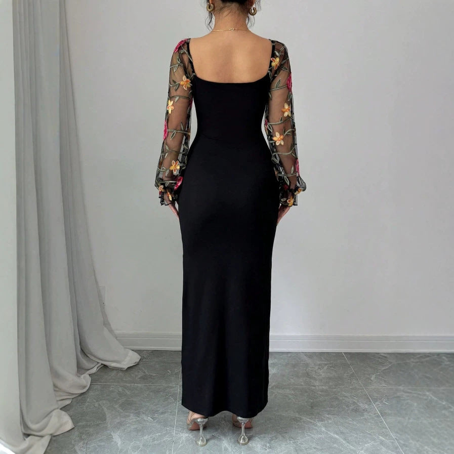 Damen Elegantes Maxikleid mit floralen Spitzenärmeln und figurbetontem Schnitt EB