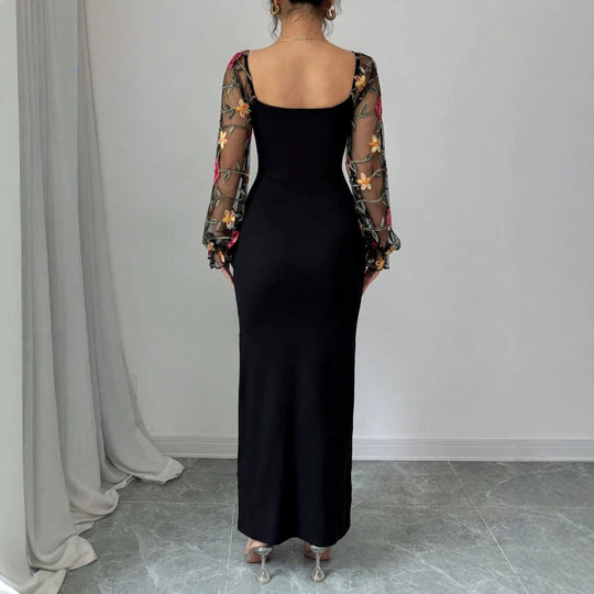 Damen Elegantes Maxikleid mit floralen Spitzenärmeln und figurbetontem Schnitt EB