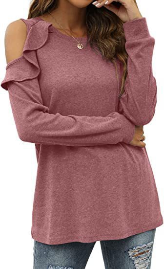 Damen Elegantes Langarmoberteil mit Rüschendetails und Kalt-Schulter Design EB