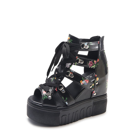 Damen Wedge-Sandaletten mit modischem Floral-Design und elastischen Riemen EB