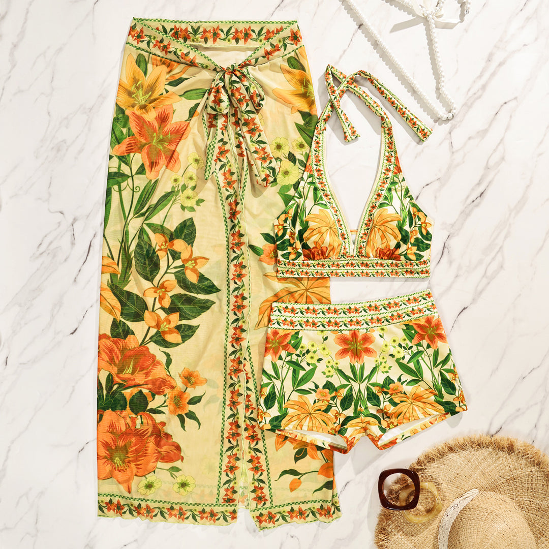 Damen Bikiniset mit floralem langen Überwurf EB