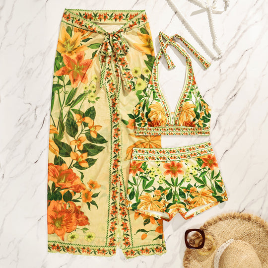 Damen Bikiniset mit floralem langen Überwurf EB