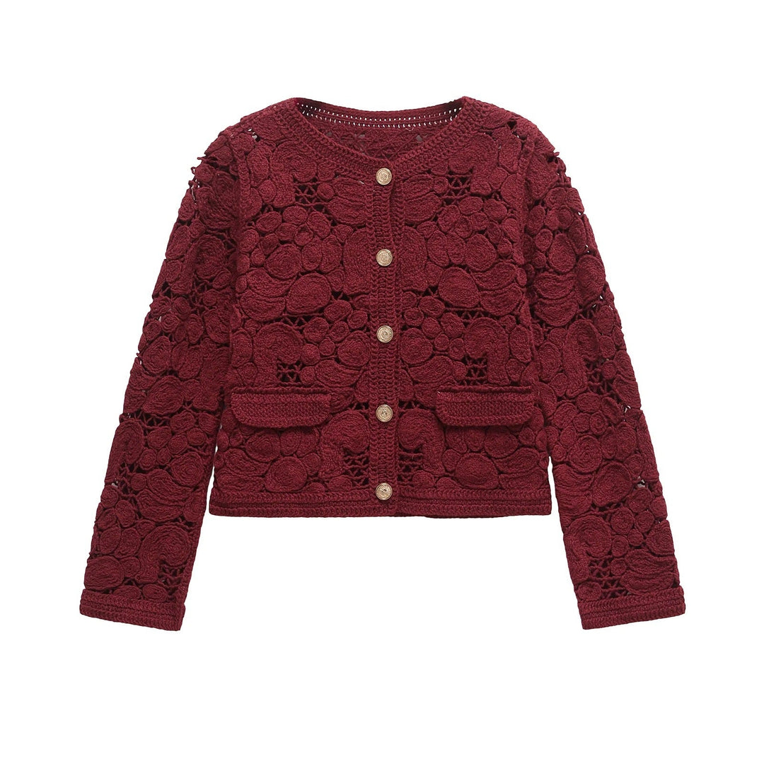 Damen Strickjacke Aus Feiner Spitze mit Dekorativen Knopfdetails und Eleganter Silhouette EB