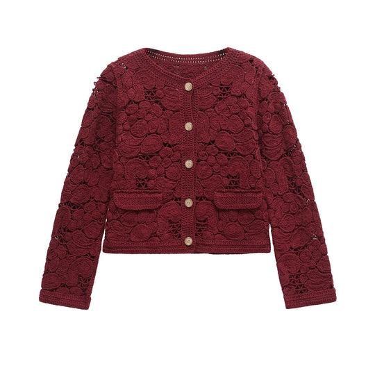 Damen Strickjacke Aus Feiner Spitze mit Dekorativen Knopfdetails und Eleganter Silhouette EB