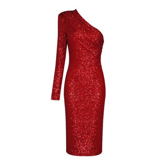 Damen Glitzerndes Etuikleid mit asymmetrischem Ausschnitt und langem Arm EB