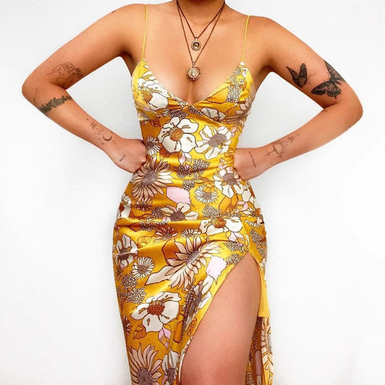 Damen Maxikleid mit tiefem V-Ausschnitt und elegantem Schlitz EB