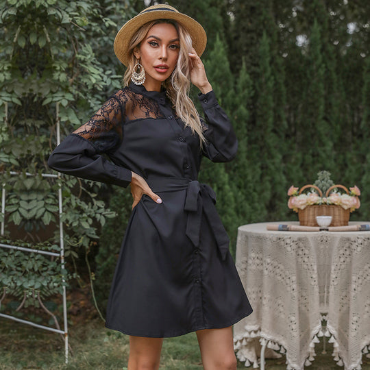 Damen Elegantes Hemdblusenkleid mit Spitzenärmeln und taillierbarem Gürtel EB